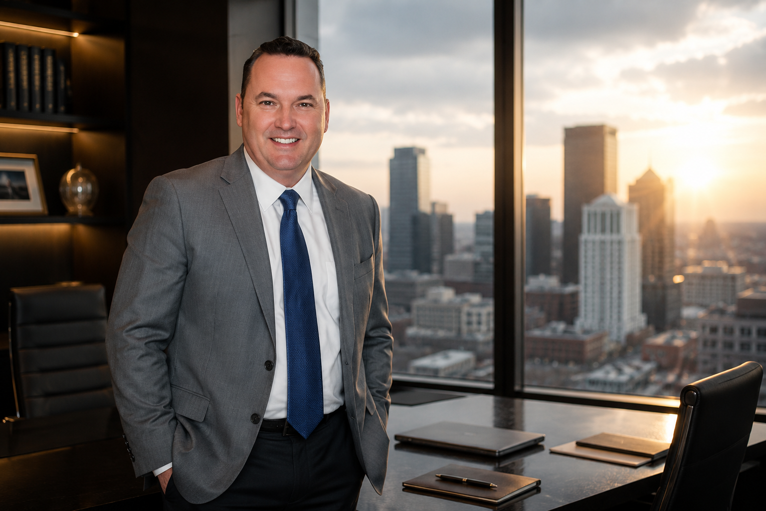 Kevin Cox in an executive office overlooking a city skyline