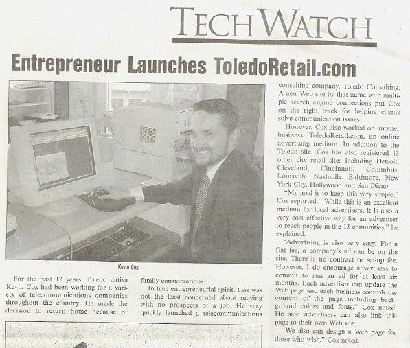 2004 Toledo Business Journal Tech Watch article titled Entrepreneur Launches ToledoRetail.com